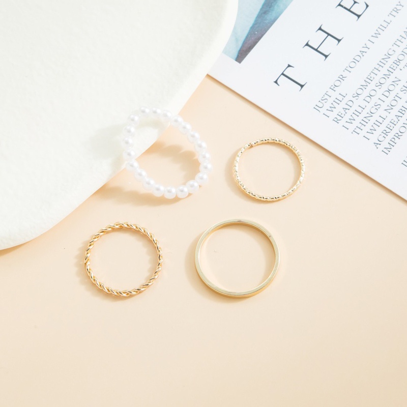 Set 4 Nhẫn Midi Dạng Hở Xếp Chồng Lên Nhau Đính Hạt Ngọc Trai Đơn Giản