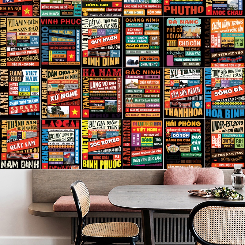 Decal dán tường poster các tỉnh Hà Nội, Sài gòn, Hội An trang trí phòng ngủ quán cafe bàn làm việc