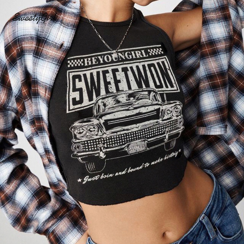 Áo Tank Top Cổ Tròn Không Tay In Họa Tiết Phong Cách Đường Phố Dành Cho Nữ