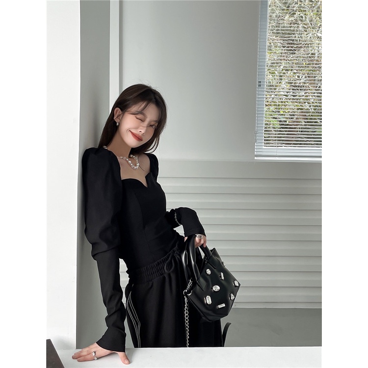 Áo Thun Tay Dài Phồng Dáng Ôm Thời Trang Hàn Quốc Dành Cho Nữ