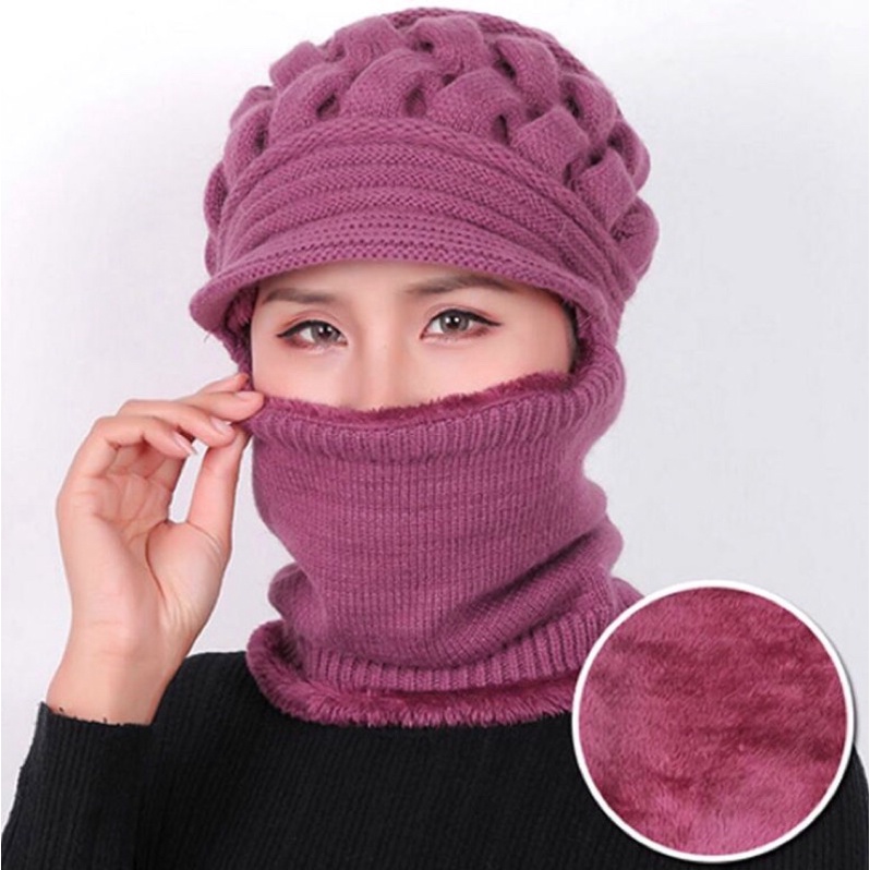 Mũ len nữ kèm khăn quàng che mặt mùa đông ấm tiện dụng mũ len trung niêncho mẹ