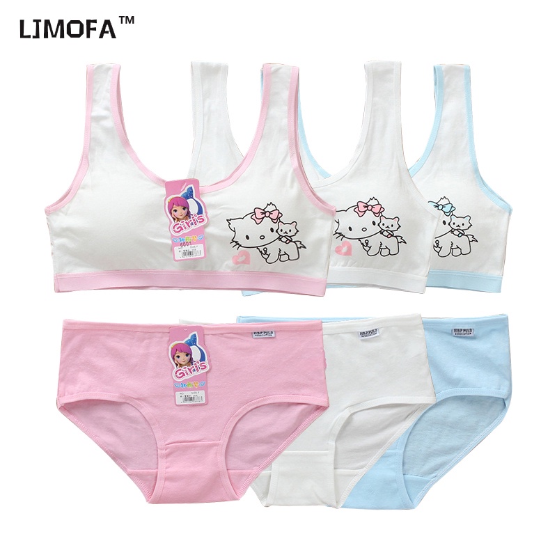 LJMOFA KIDS 8-16 tuổi 30-50kg đồ lót của cô gái mặc quần lót hai bộ đồ lót rộng với ngực pad giữ không có nút kẹo mèo màu hồng áo ngực của cô gái áo ngực trẻ em đồ lót bán buôn