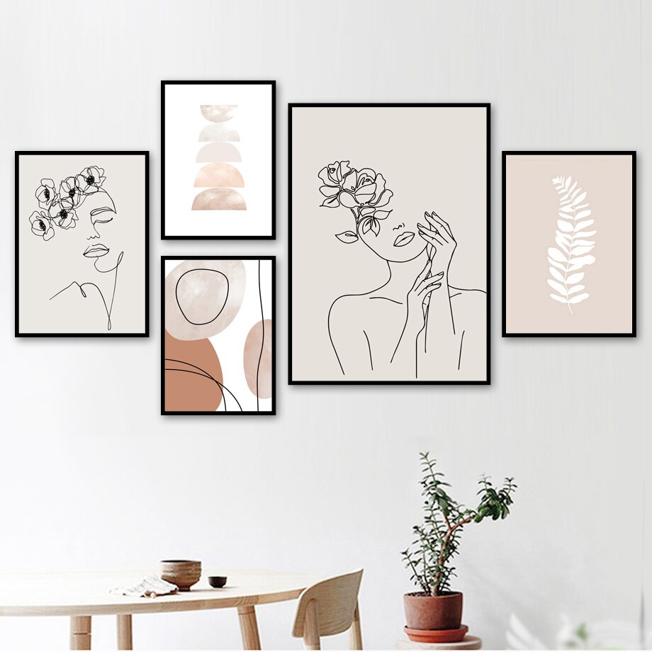 （Khung tranh gỗ rắn）Lá cọ trừu tượng LIne Cô gái Scandinavian Tường Art Canvas Tranh áp phích Bắc Âu và In Hình ảnh Tường cho Trang trí Phòng khách