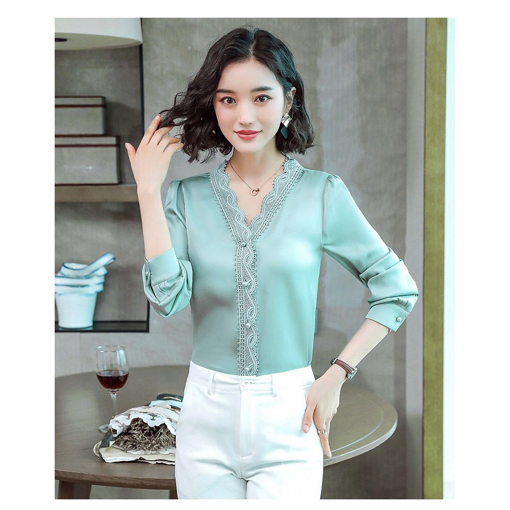 Áo Sơ Mi Nữ N611 - Mẫu Áo Sơ Mi Phong Cách Phương Tây Tay Dài Chất Lụa Satin, Cổ Bẻ Phối Nút, Thời Trang Công Sở Cao Cấp