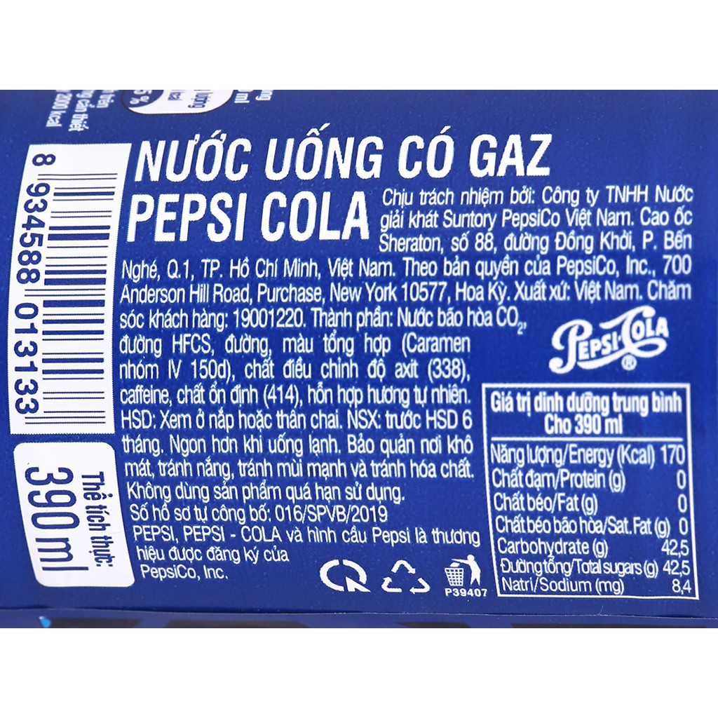 Lốc 6 chai nước ngọt có gas Pepsi 390ml