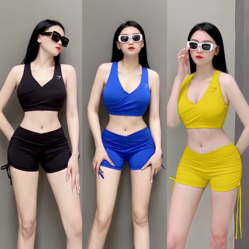 Bộ Đùi Rút Dây Bra Đắp Chéo Gymshark Kèm Mút Ngực Chất Thun Lạnh Co Giãn Tốt