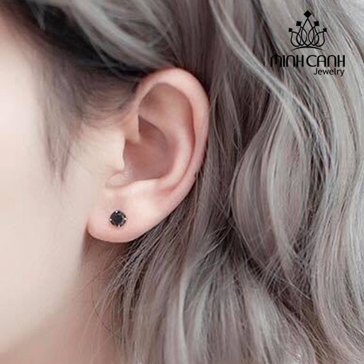 Bông Tai Nụ Đá Tròn Đen Chốt Bạc Ta - Minh Canh Jewelry