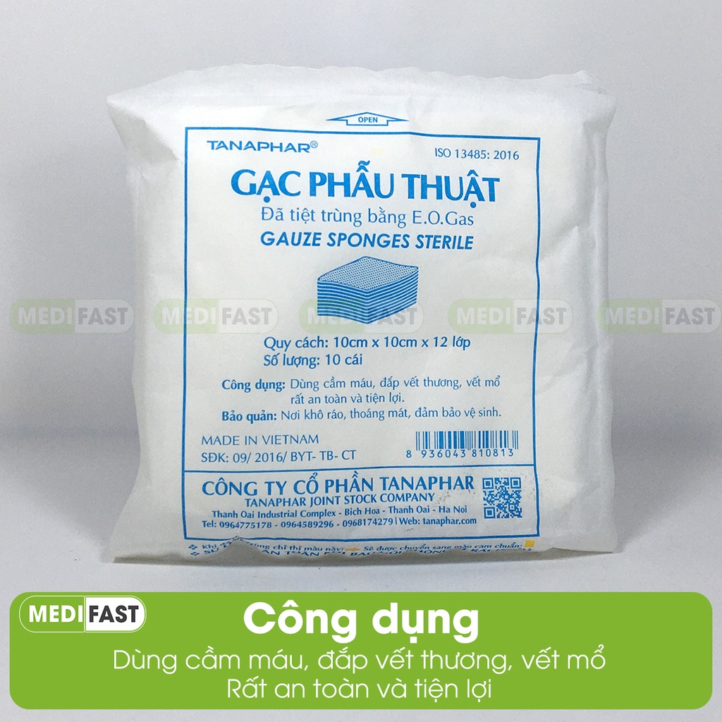 Gạc băng vết thương Tanaphar - Băng y tế - Bịch 10 gói tiệt trùng x 10 gạc