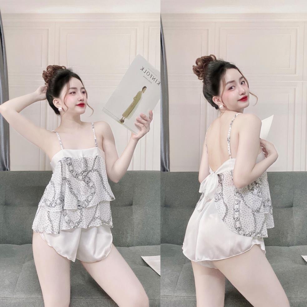 Đồ Ngủ Sexy, Bộ Đùi Cột Dây Sau Quần Satin Phối Voan 40<65kg | BigBuy360 - bigbuy360.vn