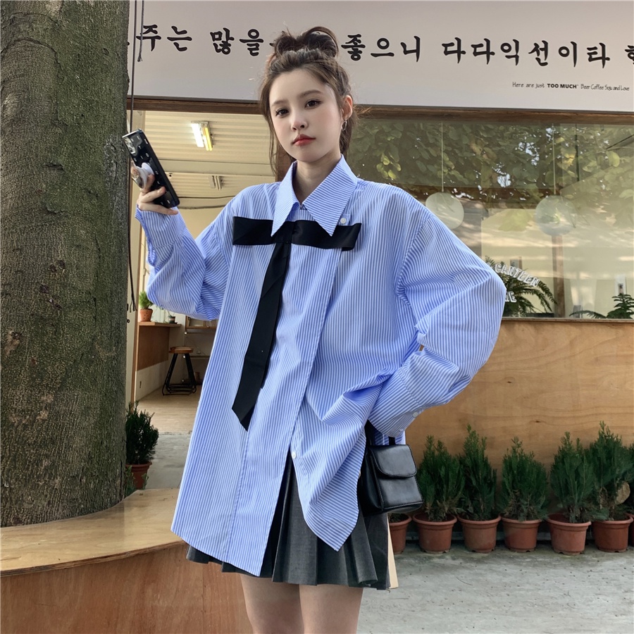 Áo Sơ Mi Tay Dài Dáng Rộng Cổ Thắt Nơ Thời Trang Cho Nữ