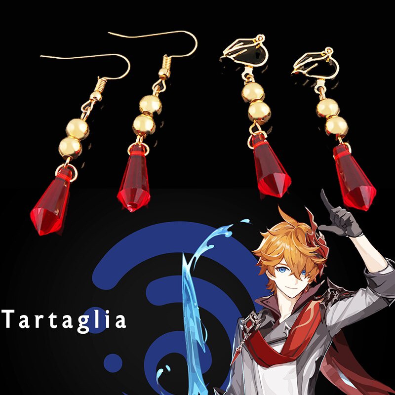 Một Cặp Genshin Tác Động Tartaglia Bông Tai Cosplay Genshin Childe Nước Đỏ Thả Bông Tai Kẹp Tai Cho 
