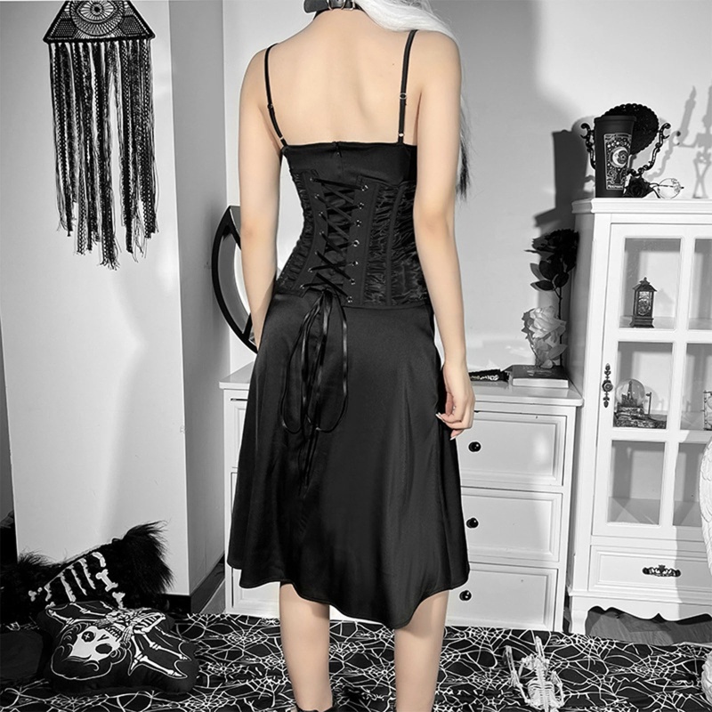 Đầm Midi Hai Dây Cổ Chữ V Eo Cao Chất Satin Thời Trang Cho Nữ