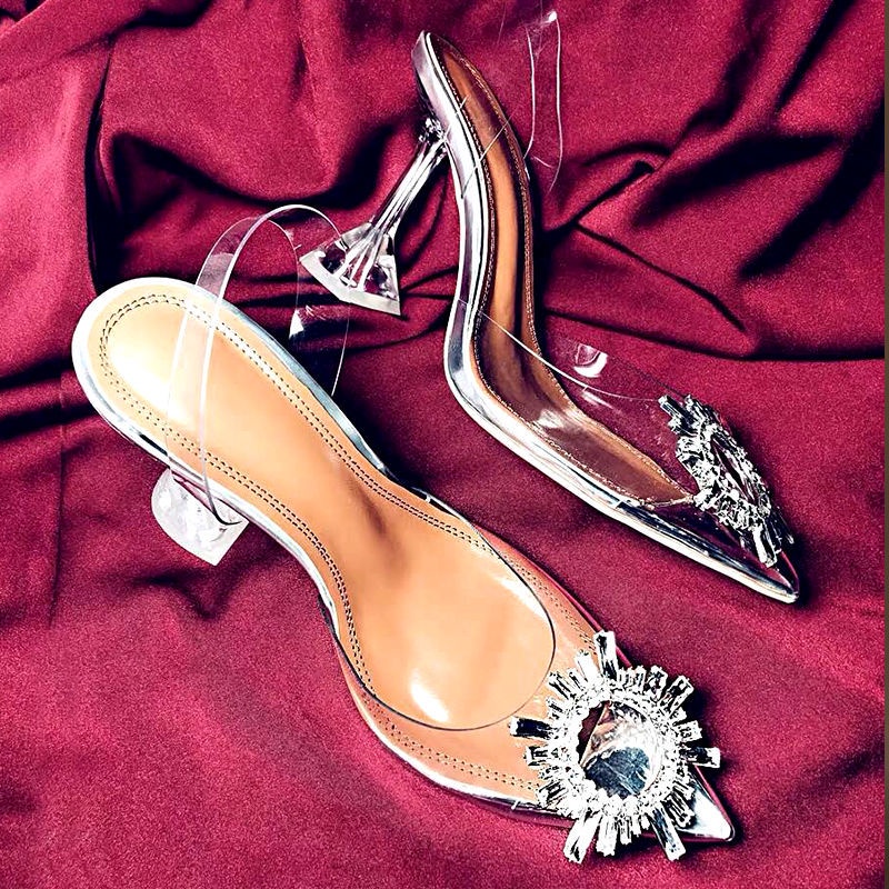 Jiashucheng Giày Sandal Cao Gót Mũi Nhọn Quai Trong Suốt Đính Đá Size Lớn Thời Trang Nữ Quyến Rũ
