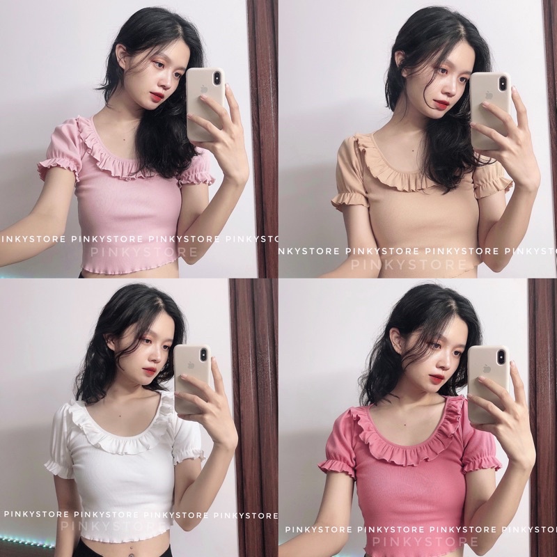 Áo croptop tay nhún phối bèo
