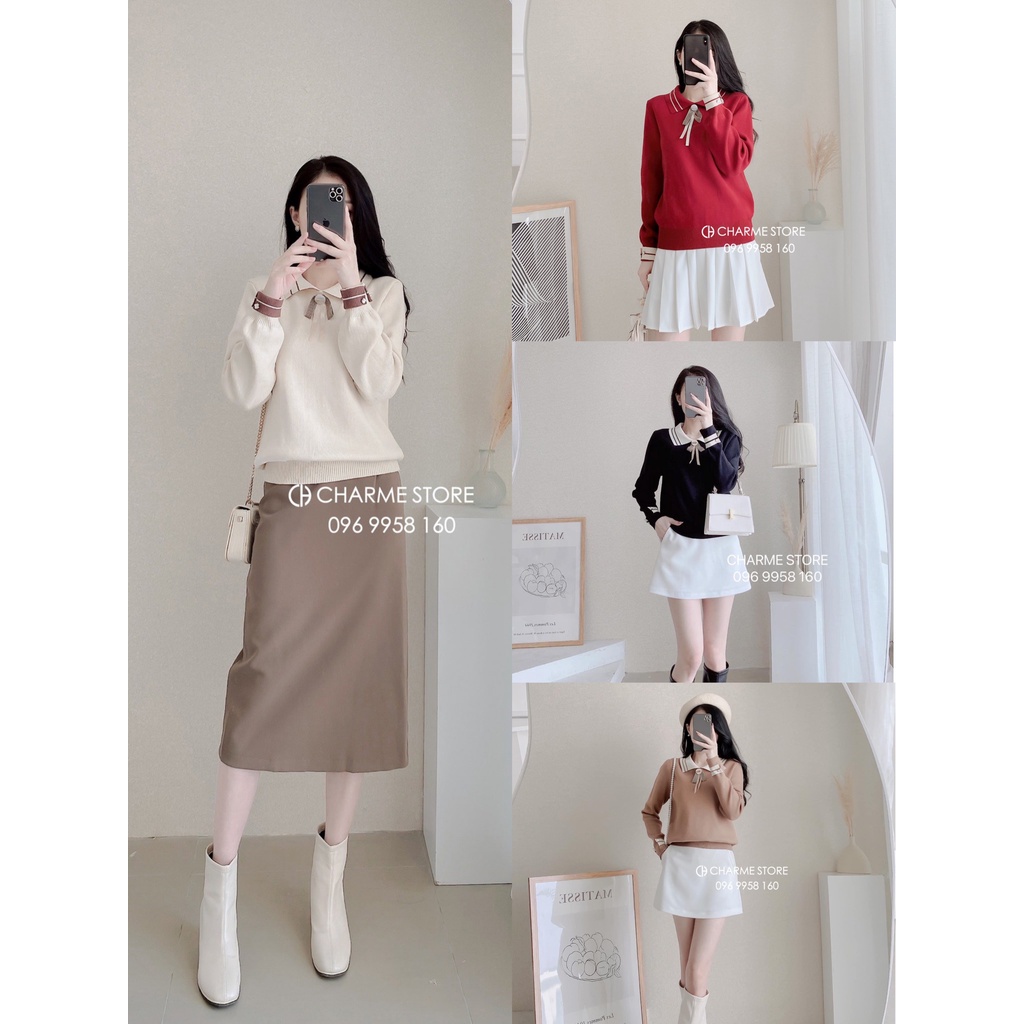 Áo len nữ cổ đính nơ thiết kế Charme 10154