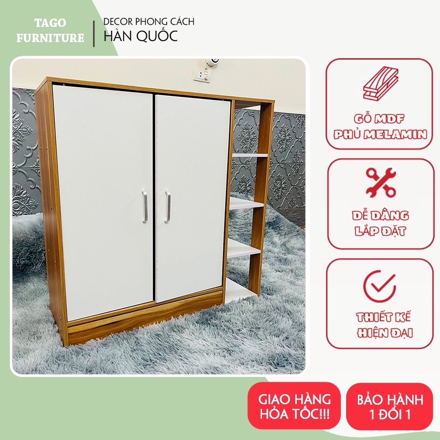 Kệ giày thông minh, tủ giày gỗ đa năng 3 tầng cánh tủ trắng, hai bên kèm kệ phong cách hiện đại 78x27x78 TAGO ND22