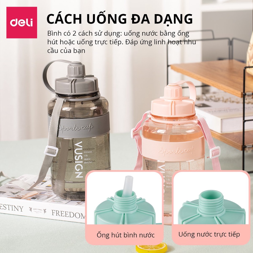 Bình nước 1.5 lít Deli - KHÔNG MÙI NHỰA, THIẾT KẾ MỚI, AN TOÀN với sức khoẻ có giấy kiểm định chất lượng