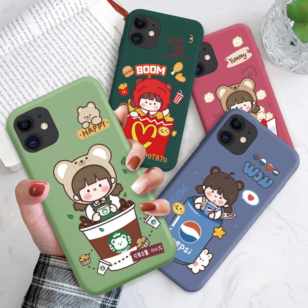 【Free Lanyard】IPhone SE 2020 6 6S 7 8 Plus 2 + ip cho Starbucks Pepsi McDonald's Food Cute Snacks Girl Design Phone Case Liquid Soft Casing Full Silicone Cover Shockproof Back Cases Ốp lưng điện thoại ốp lưng Ốp điện thoại ốp trong