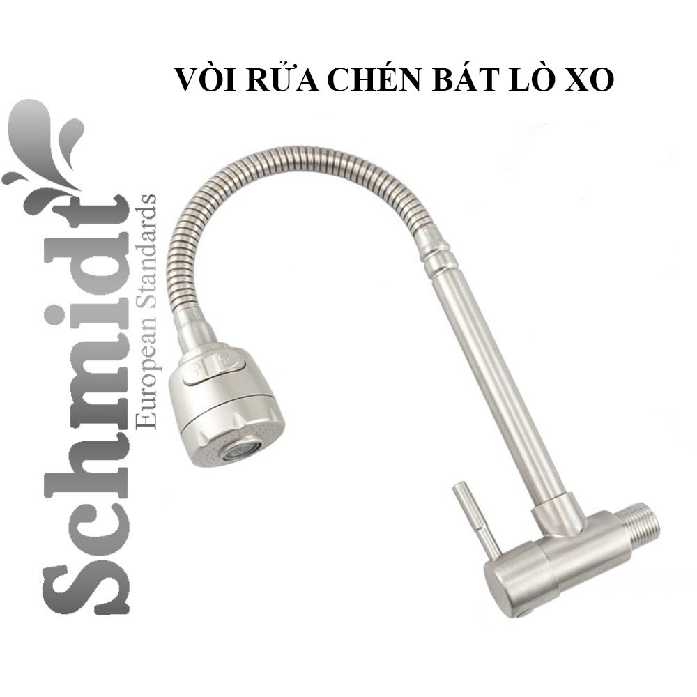 Vòi rửa chén gắn tường Schmidt 2 chức năng đầu tròn thân lò xo, Inox SUS 304 kháng khuẩn, xoay 360 độ-Hàng chính hãng