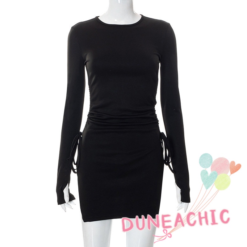 DUNEA Đầm Tay Dài Màu Trơn Thiết Kế Dây Rút Xẻ Tà Phong Cách Nữ Tính