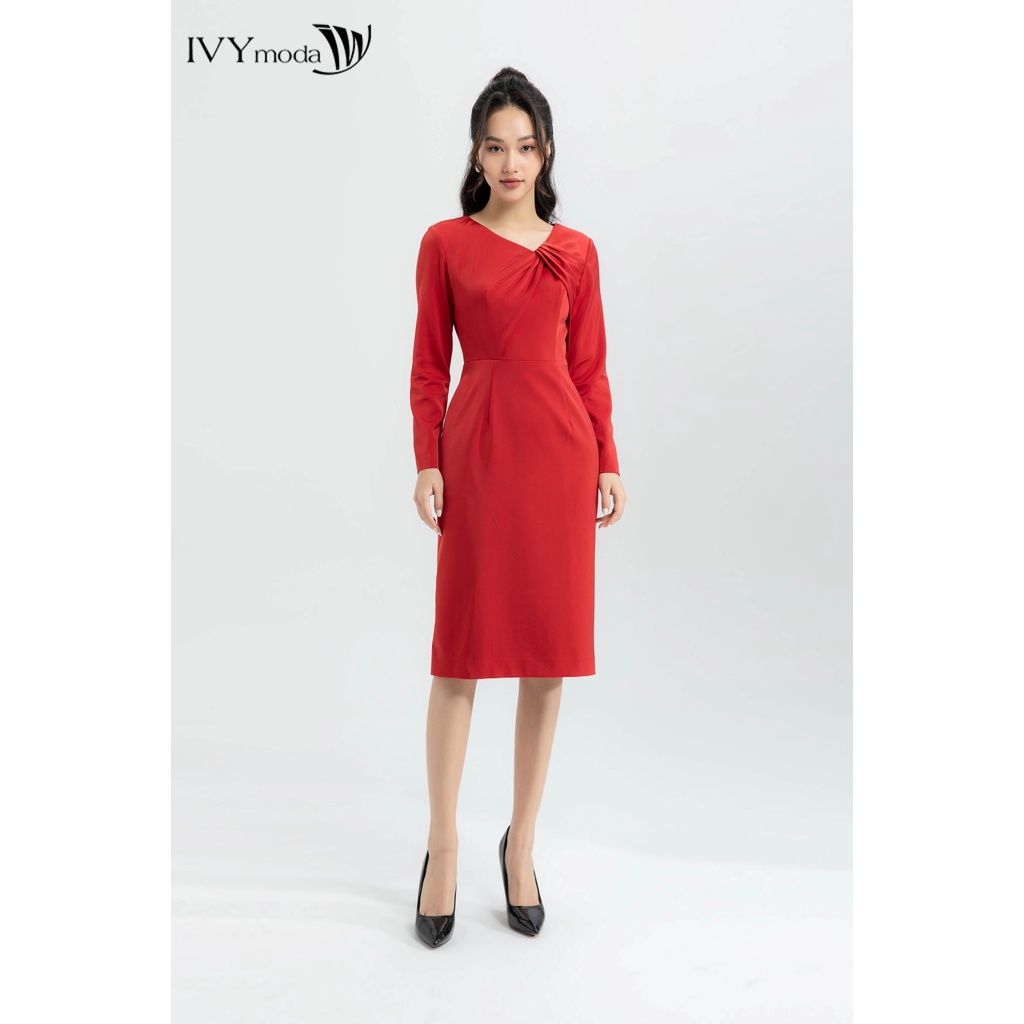 Đầm lụa cổ xếp nếp IVY moda MS 48M6236