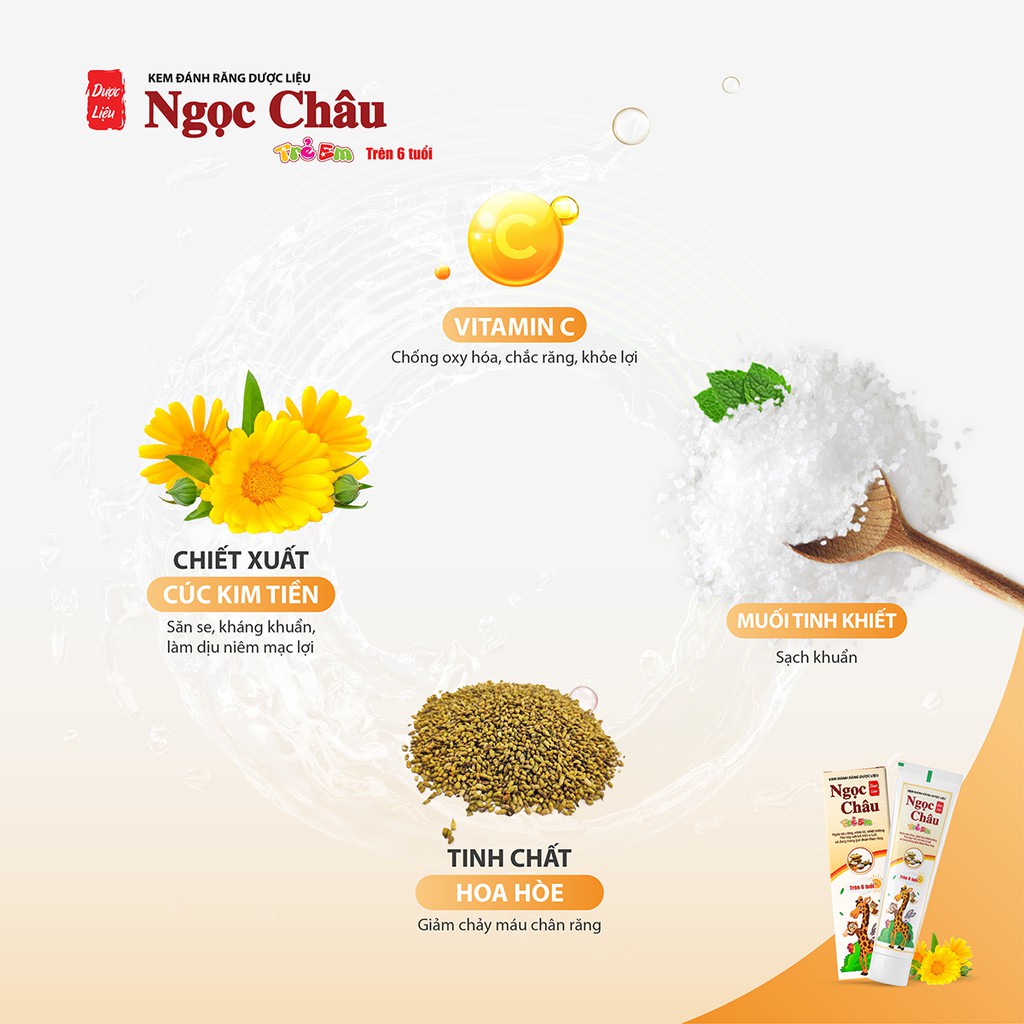 Kem đánh răng dược liệu Ngọc Châu trẻ em (Cho bé trên 6 tuổi) - Ngừa sâu răng, lợi, hôi, lở loét miệng, bảo vệ men răng