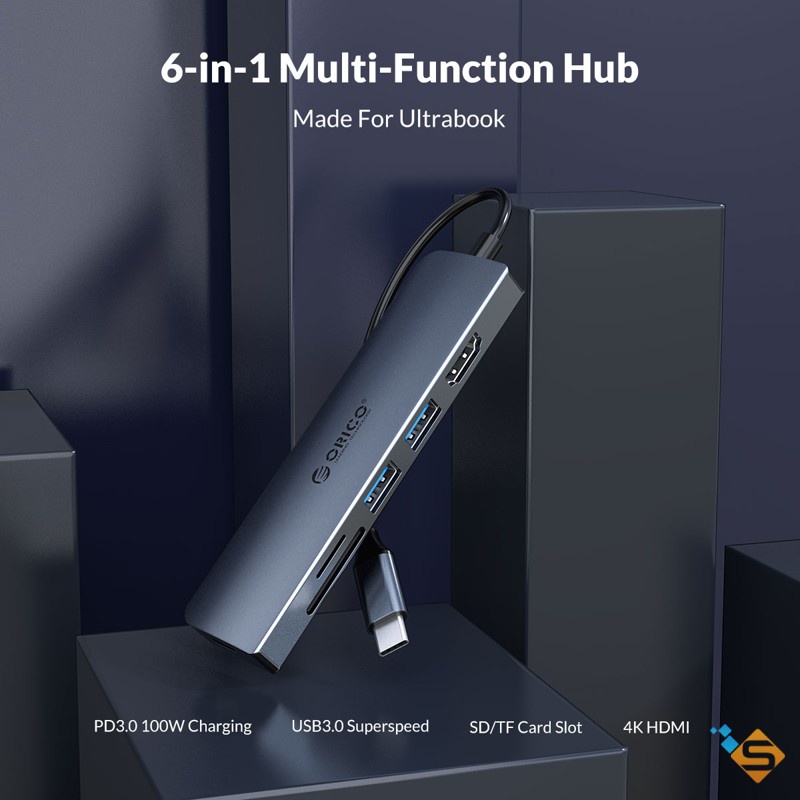 Bộ Chia HUB Type-C 6 Trong 1 USB 3.0 + HDMI + PD 100W + TF/SD Hoặc RJ-45 Gigabit Cho MacBookLaptop  - BH 1 Năm