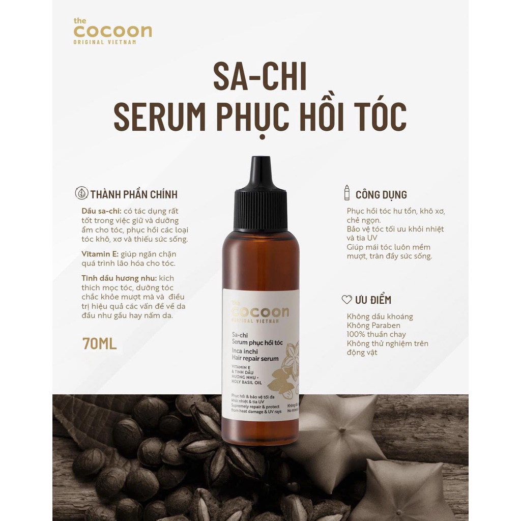 Serum phục hồi tóc Cocoon sa-chi bảo vệ tối đa khỏi nhiệt và tia UV 70ml NPP Shoptido