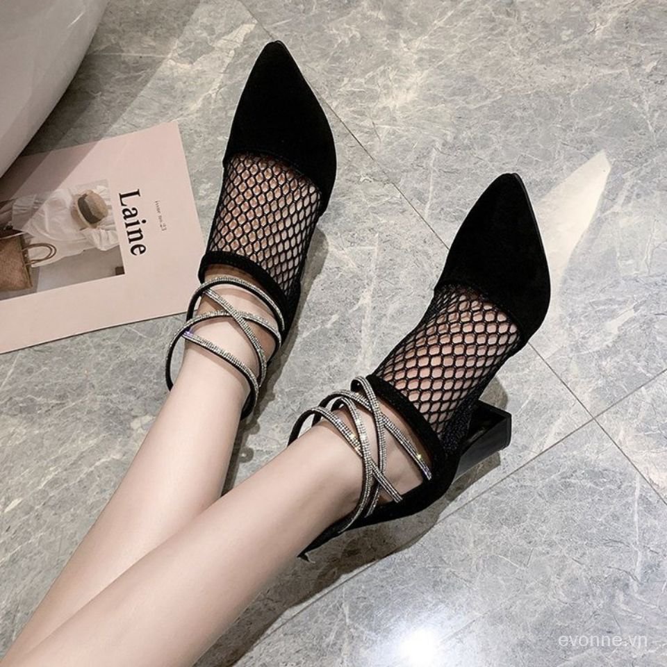 Fashion High Heels for Women2021Spring/Summer New Roman Pointed Toe Sandals Rhinestone Chunky Heel Hollow-out Mesh Boots Toe Toe Sandals