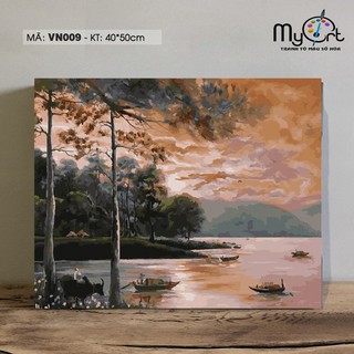 Tranh sơn dầu số hóa tự tô màu - Mã VN009 Tranh phong cảnh làng quê nông thôn Việt Nam chiều bên sông Paint by numbers