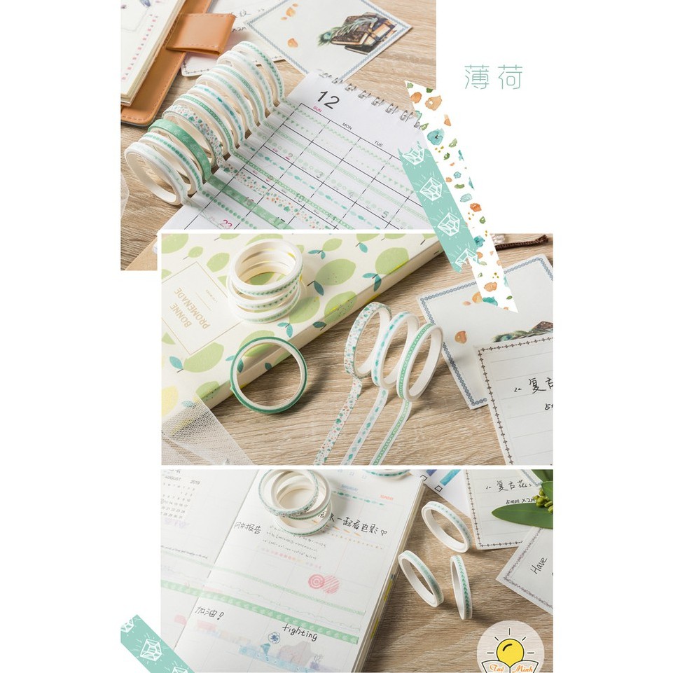 Bộ 10 cuộn washi tape trang trí dán bullet journal, set băng dính washi dễ thương WA06