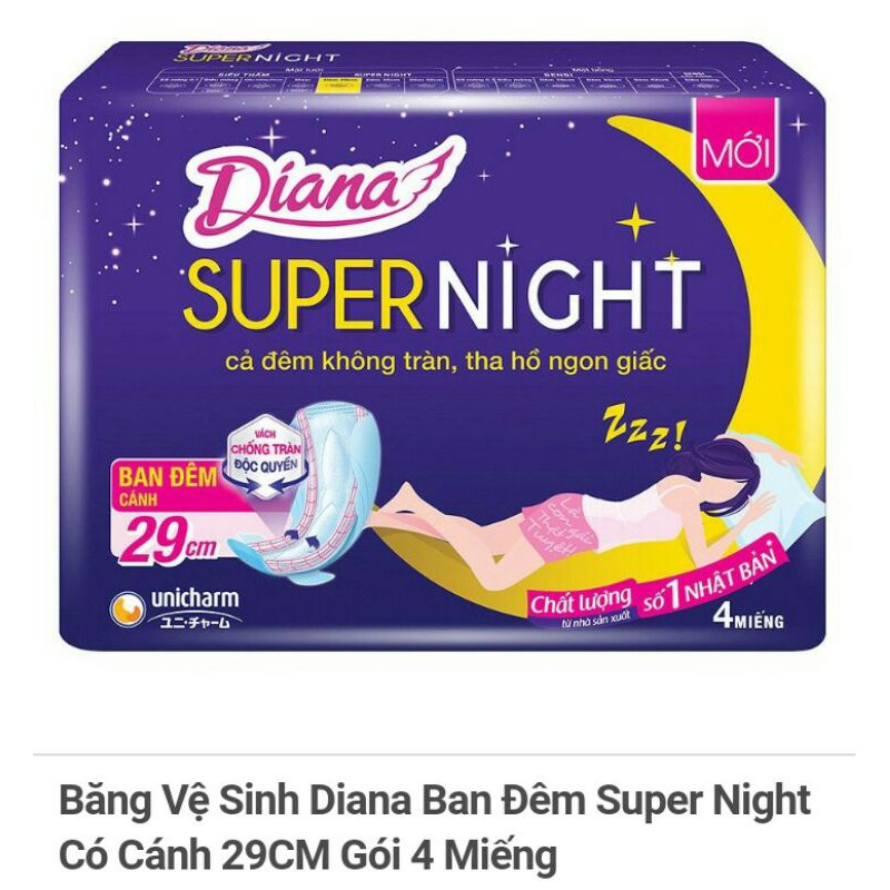 Băng Vệ Sinh Diana Ban Đêm Super Night Có Cánh 29CM Gói 4 Miếng