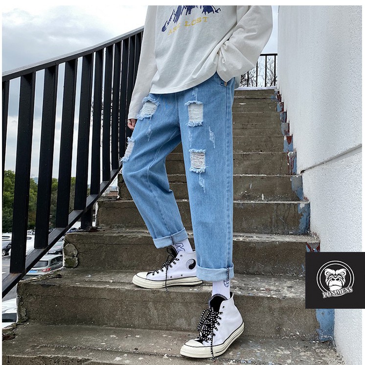 [SIÊU SALE - FREESHIP] Quần jean baggy rách gối nam nữ màu xanh mặc hè D94 2021 | BigBuy360 - bigbuy360.vn