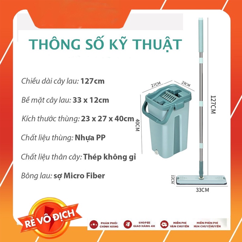 Bộ cây lau nhà xoay 360 độ tự vắt thông minh 2 vách ngăn cao cấp loại to, dầy dặn (Tặng kèm thùng, 2 miếng lau)