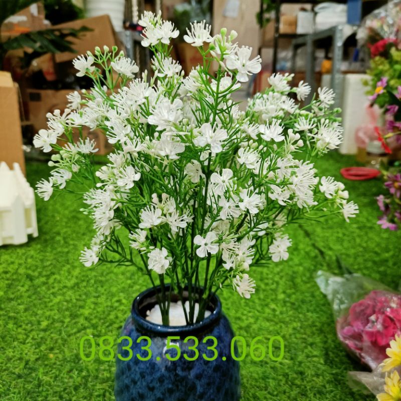 Hoa giả - Cành điểm trang trí lọ hoa, hàng rào - Hoa baby nhựa nở cao 34cm, 5 nhánh, nhiều hoa và lá