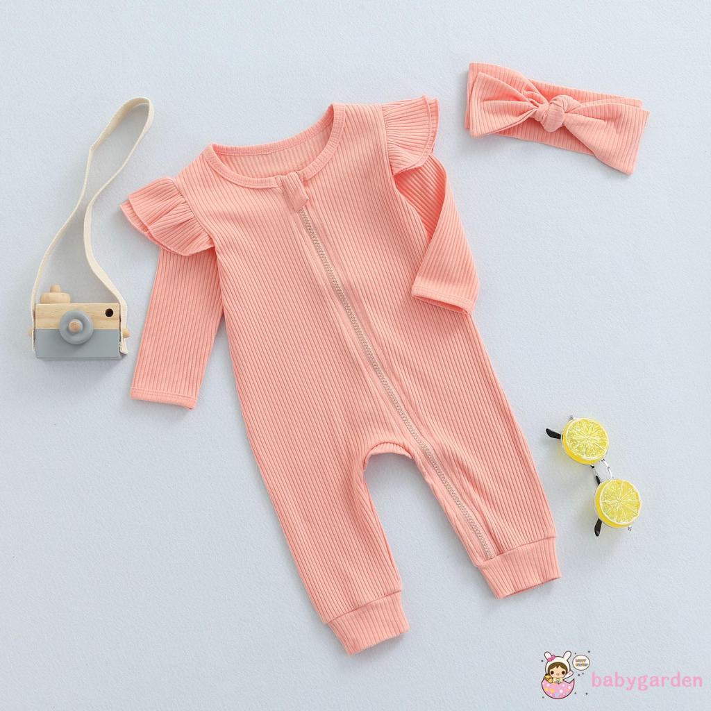 Bộ Áo Liền Quần Tay Dài Cổ Tròn Có Khóa Kéo Màu Trơn + Băng Đô Cài Tóc Xinh Xắn Cho Bé Gái 0-18 Tháng Tuổi