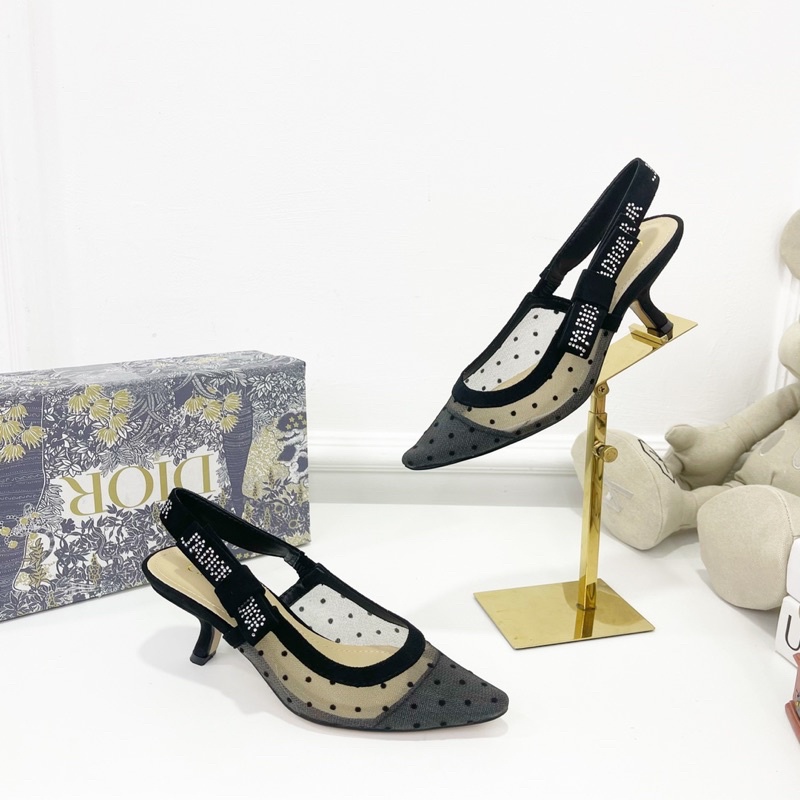 Sandal cd lưới bi nơ quai sau gót nhọn cao fullbox