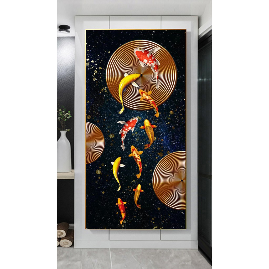 Tranh Cửu Ngư Quần Hội 9 Cá Koi bóng kiếng hoặc kim sa BK_0122