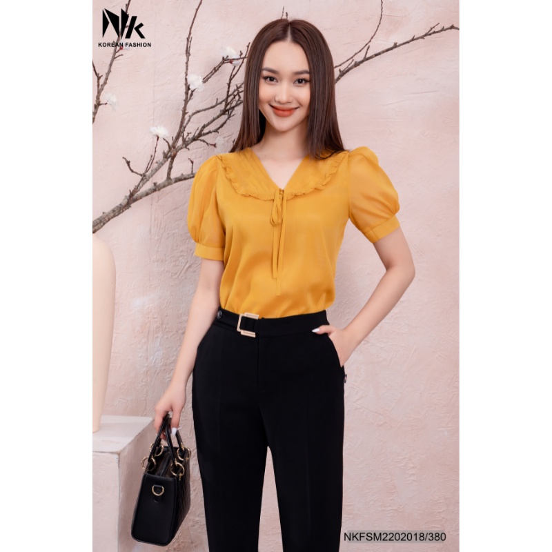 Áo Sơ Mi NK Fashion Thiết Kế Cổ V Bèo Tay Phồng Chất Vải Nhập Hàn Cao Cấp Mềm Mịn Thanh Lịch NKFSM2202018