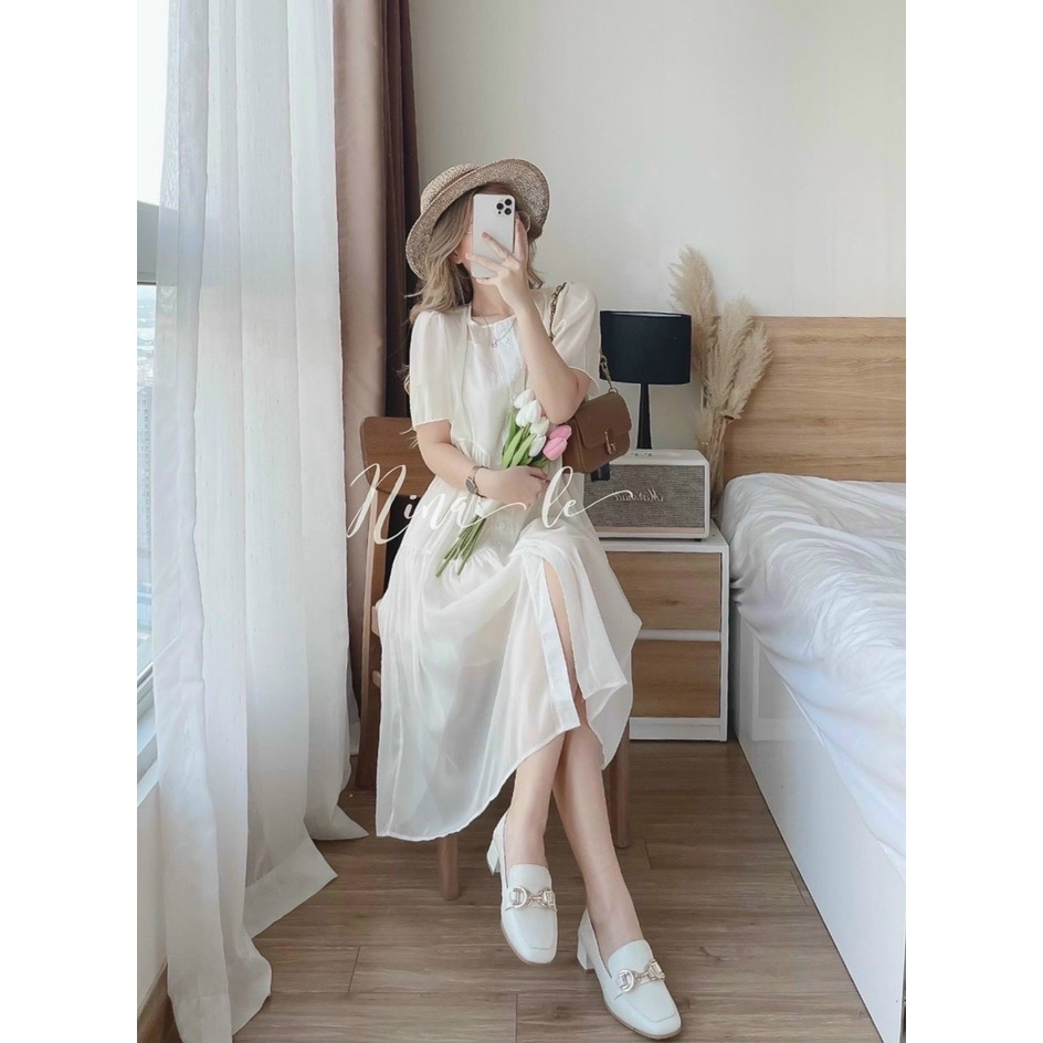 Đầm Nữ Thời Trang Mặc Đi Chơi, Đầm Chifon Lót Cotton Tay Ngắn Lưới Cổ Tròn Nút Trước Bánh Bèo Xinh Xắn