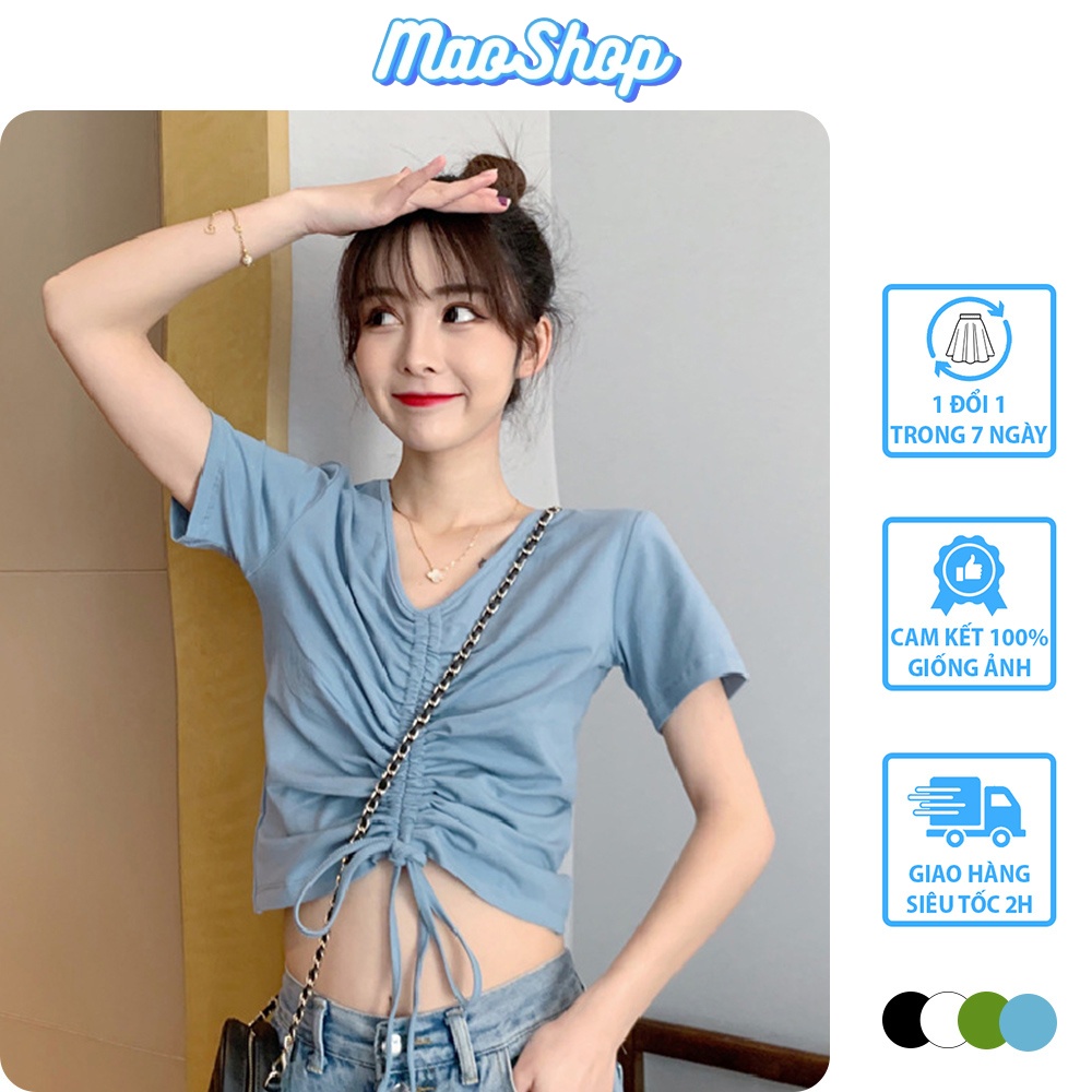 Áo thun nữ tay ngắn rút ngực cotton dày dặn, áo ulzzang nữ ngắn tay rút dây phong cách Hàn Quốc C61 - Maoshop