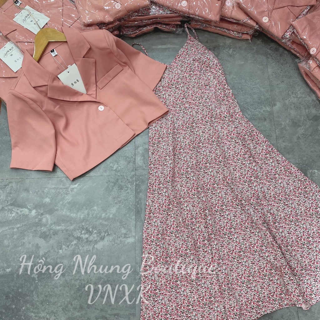 Sét Váy Hai Dây Hoa Nhí Hồng Kết Hợp Aó Vest ,Bộ đầm hoa nhí Hồng, Sét Vest Hồng