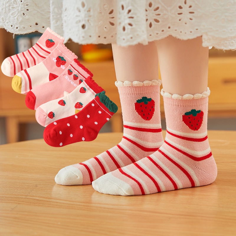 Set 5 Đôi Tất Cotton Màu Trơn Thoáng Khí Cho Bé Gái