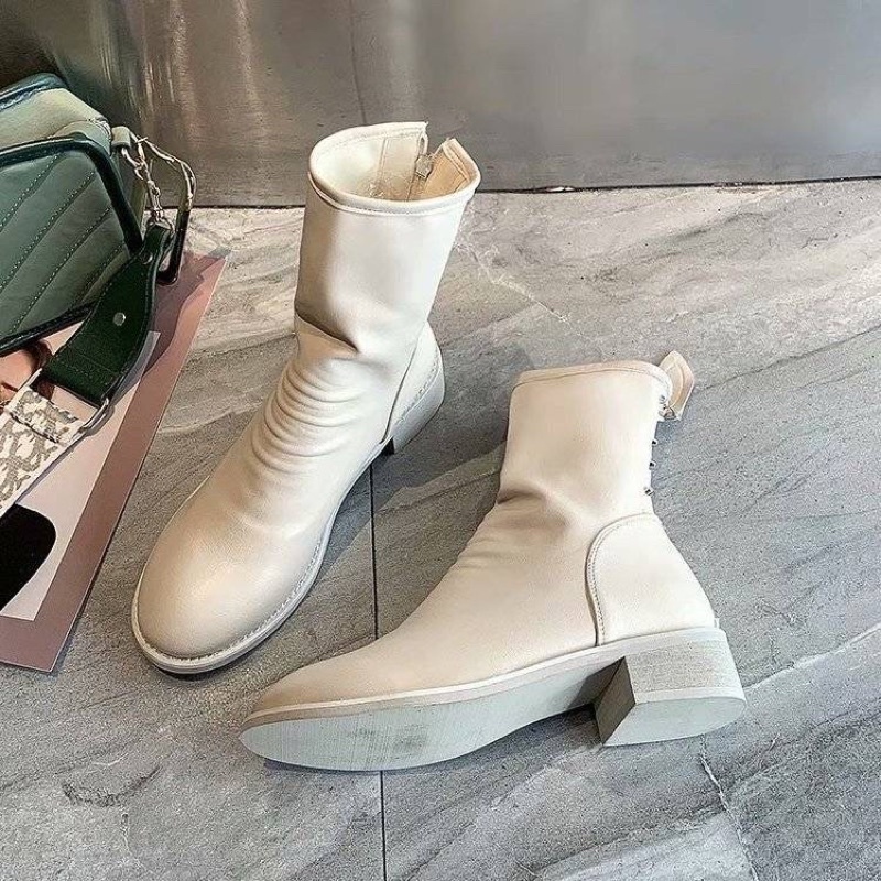 Bốt nhăn nữ cổ ngắn đế vuông 5cm