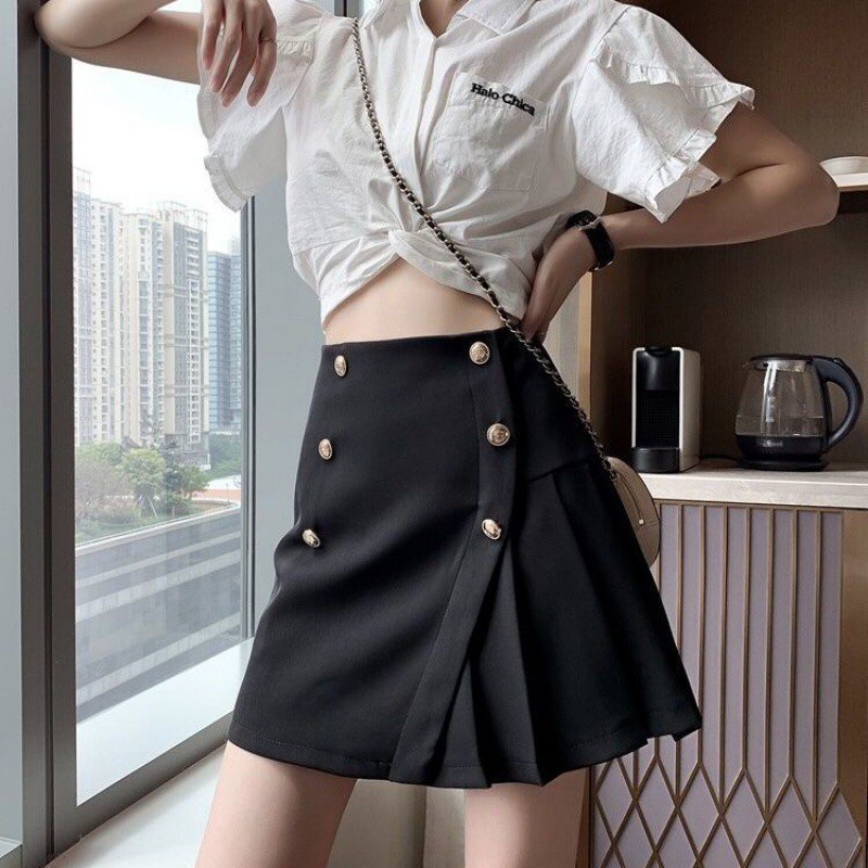 Chân váy ngắn chữ A xếp ly lưng cao 6 khuy nổi bật phong cách sang trọng vô cùng tôn dáng Mely Fashion CV06