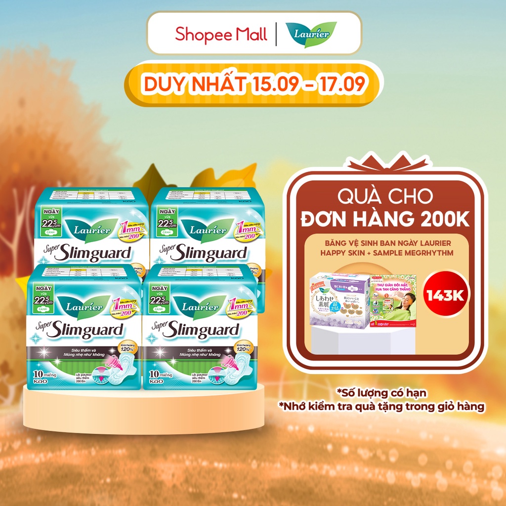 Combo 4 gói BVS Laurier siêu mỏng bảo vệ 1mm 22.5cm 10 miếng