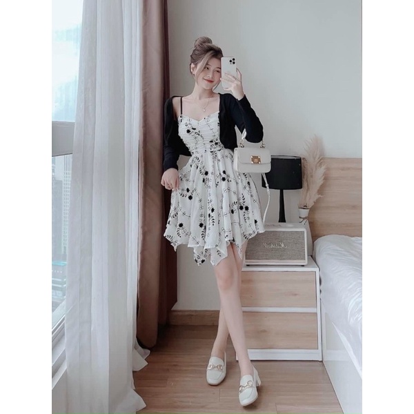 Đầm hoa 2 dây mocking lưng kèm áo khoác gân-MẪU MỚI