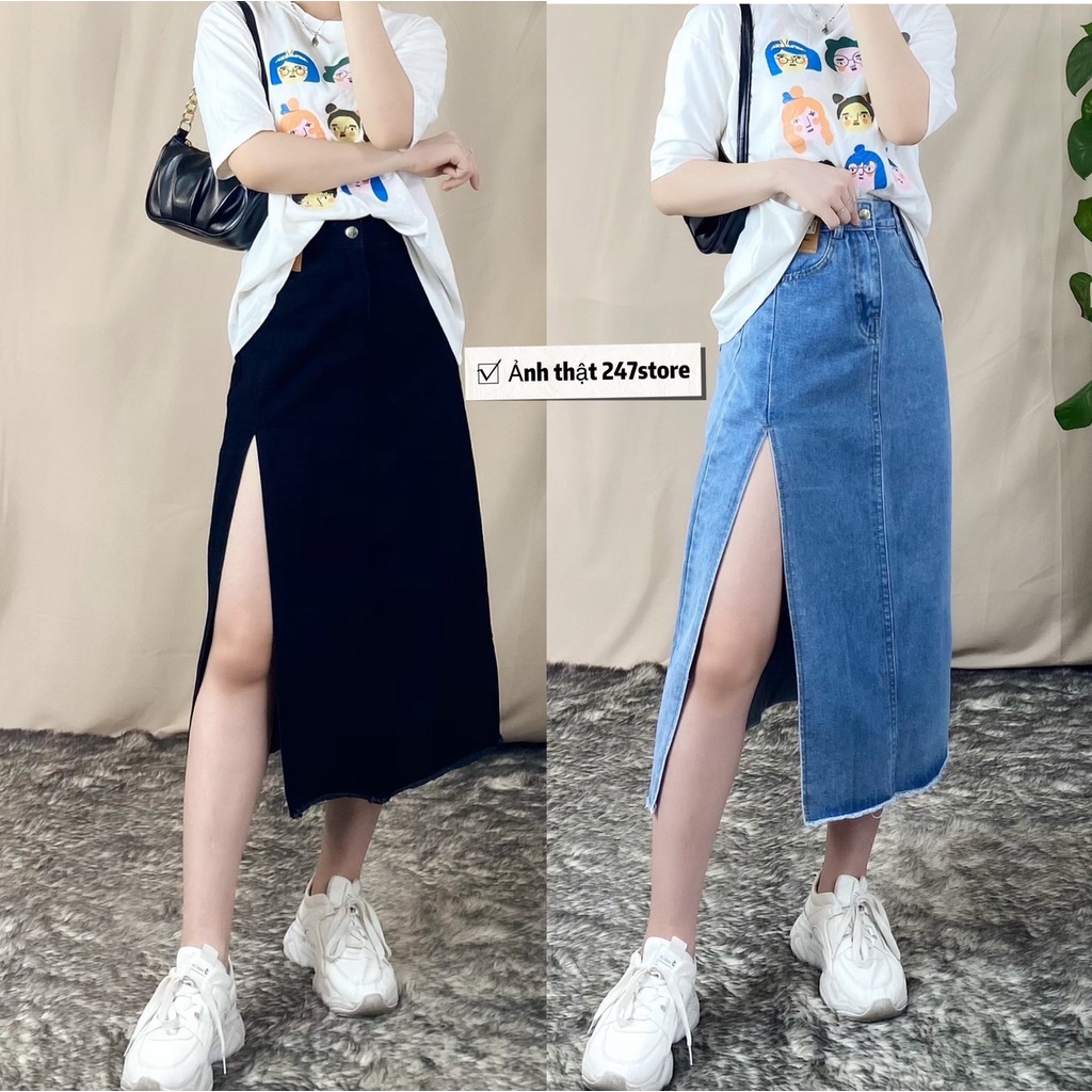 Chân Váy Denim Lưng Cao Xẻ Tà Quyến Rũ Cho Nữ CvJeanXe/P0AK2