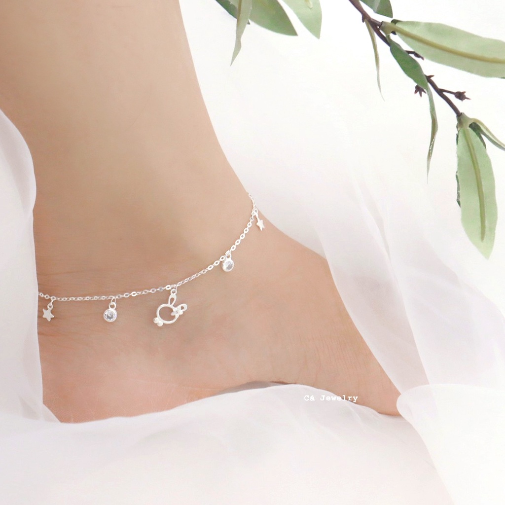 Lắc chân nữ vòng chân nữ bạc s925 thỏ đeo nơ sao và viên pha lê tròn tua rua Cá jewelry LC40