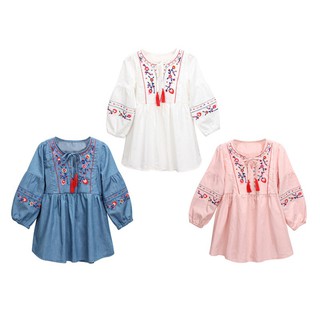 Đầm babydoll tay dài phối họa tiết thêu thắt nơ duyên dáng cho bé gái